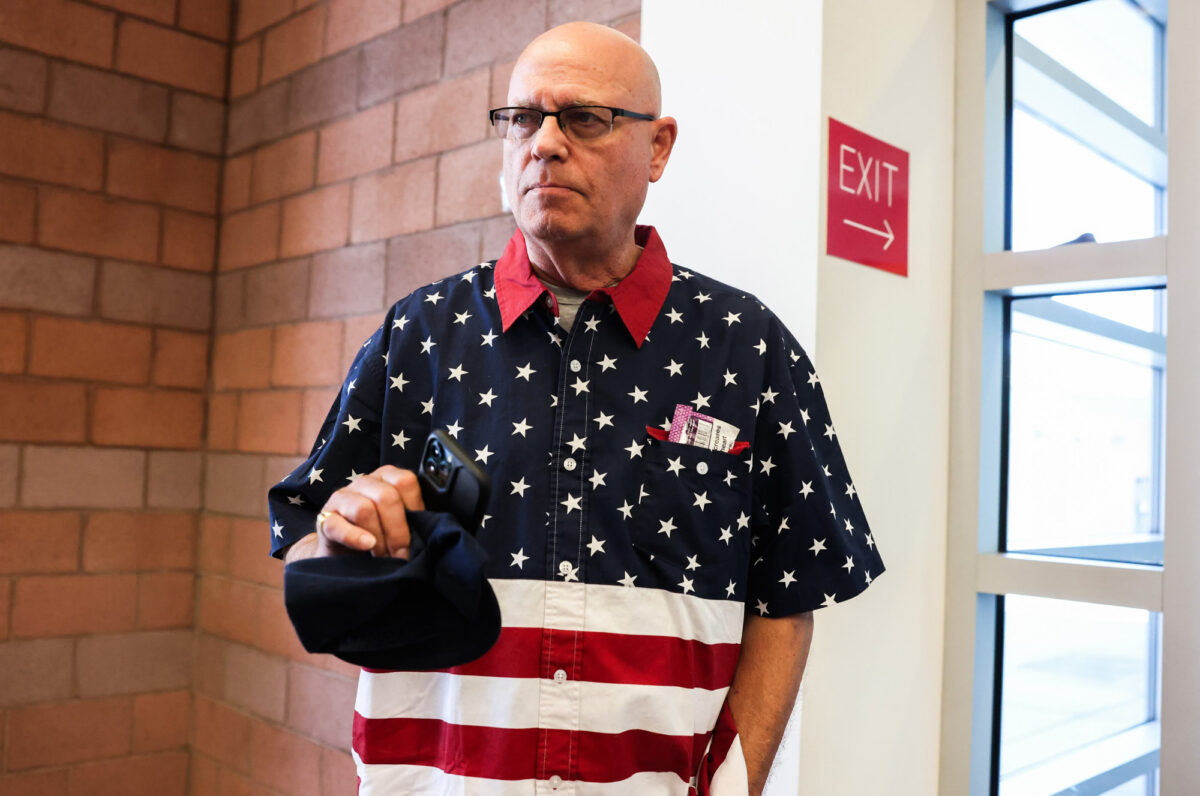 Ross Huebner, who agreed to pay back rent for a friend, stands in the hallway at North Las Vegas Justice Court after attending home eviction hearing on Tuesday, July 18, 2023. (Jeff Scheid/The Nevada Independent)